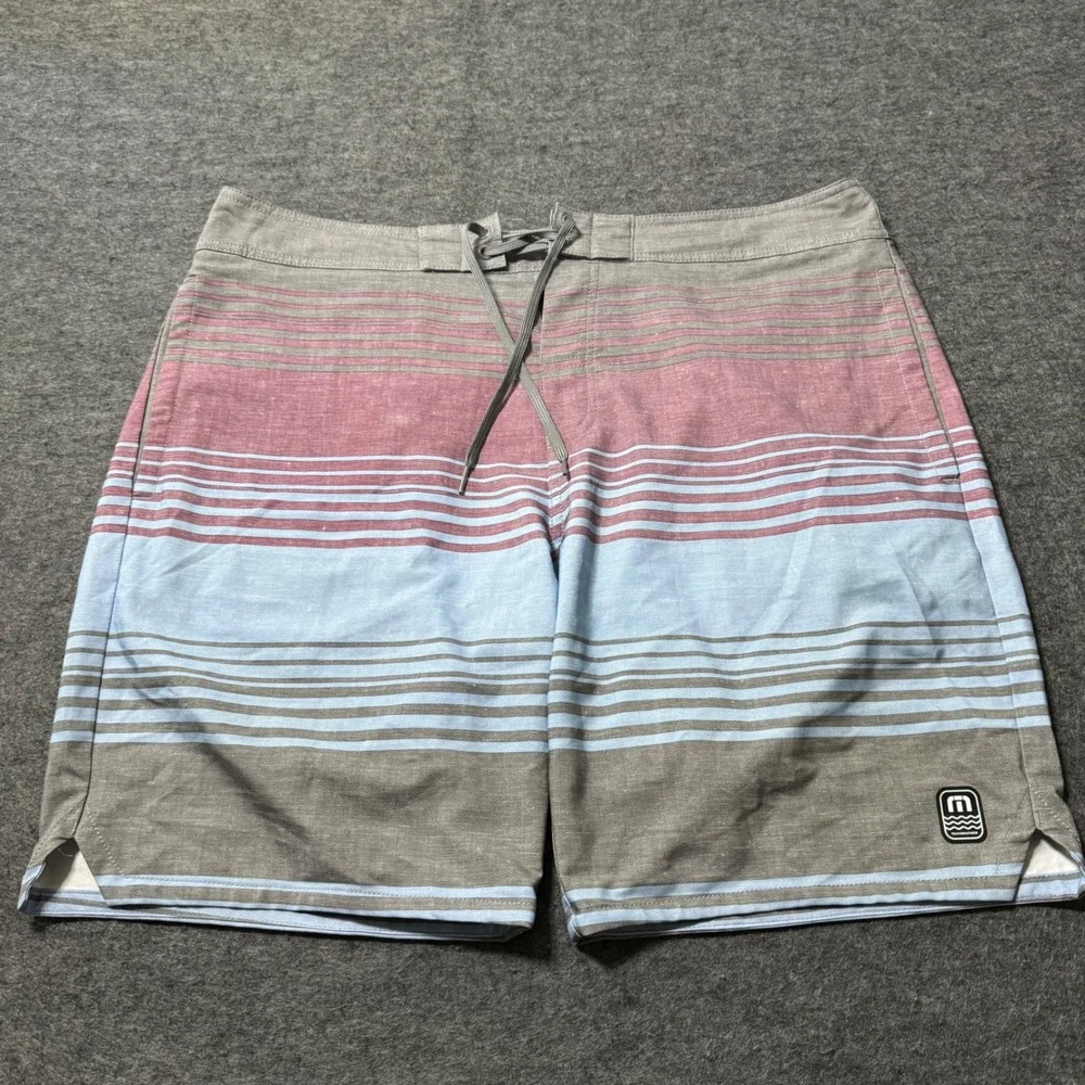 TravisMathew Mens Striped Board Shorts Grey Burgundy Blue Size 38 Swim Trunks